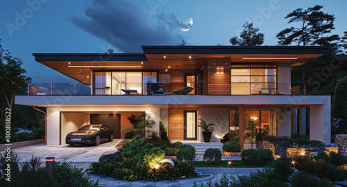 Modern house design in Kerala with white walls and brown windows, front view, two story, large grassy yard with lights, one car parked near the entrance of the building © Kien