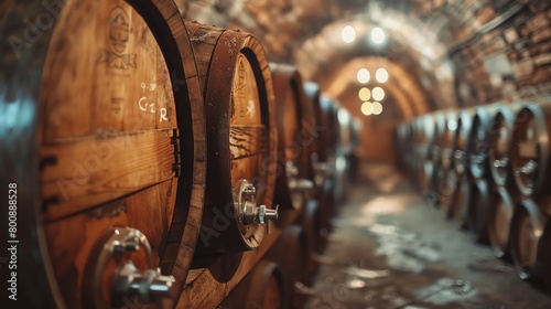 A dimly lit wine cellar with oak barrels stacked in rows © rookielion