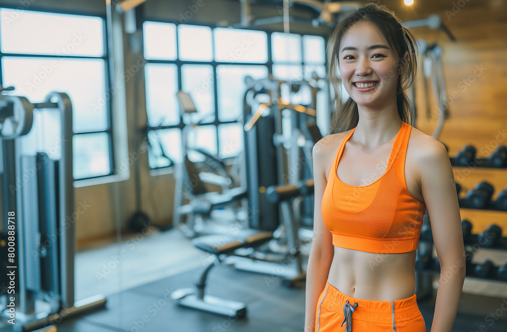 A happiness body training concept , A woman 20 wearing sportswear in the gym, muscular body, with an empty background of high-end sports equipment. A happiness body training concept , A woman 20 wearing sportswear in the gym, muscular body, with an empty background of high-end sports equipment.