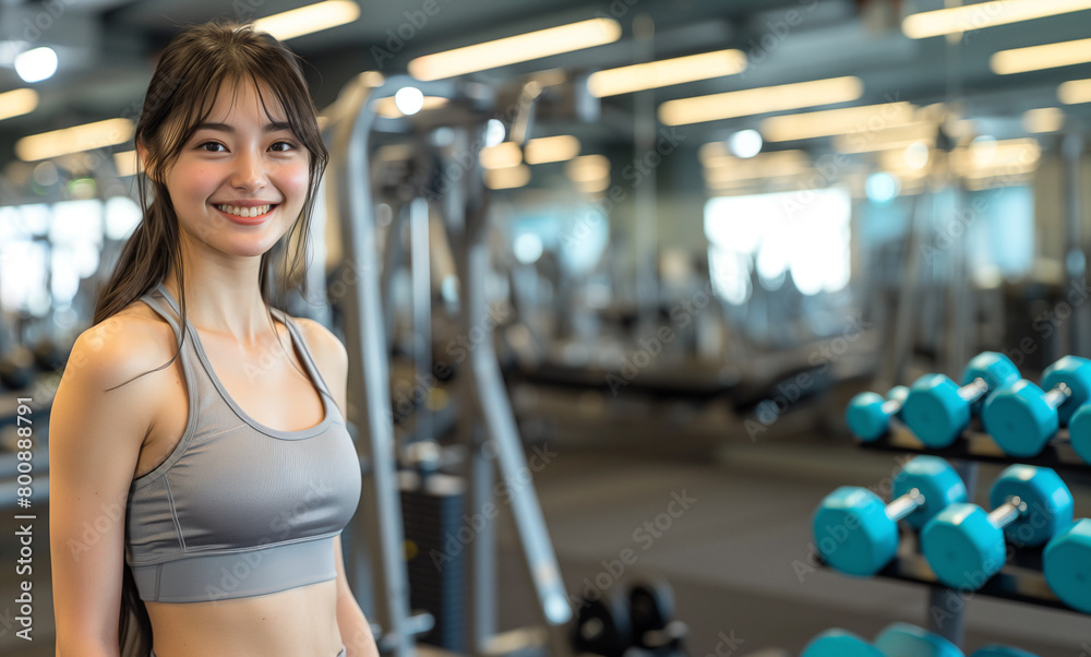 A happiness body training concept , A woman 20 wearing sportswear in the gym, muscular body, with an empty background of high-end sports equipment. A happiness body training concept , A woman 20 wearing sportswear in the gym, muscular body, with an empty background of high-end sports equipment.
