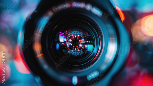 Close-Up of Camera Lens Reflecting Light