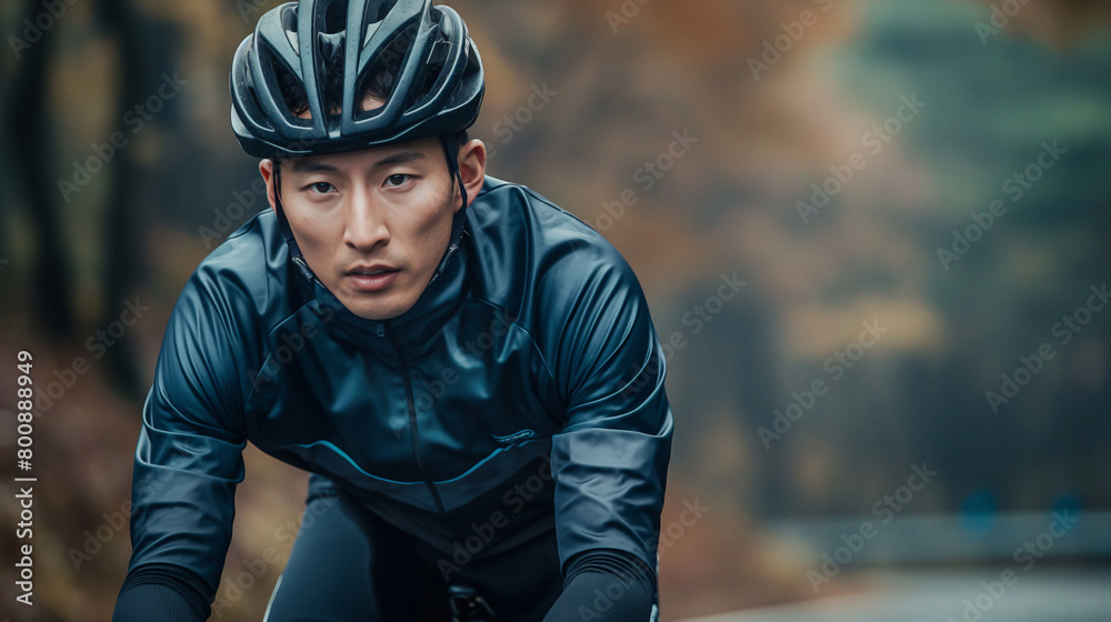 outdoor sport concept , male cyclist riding on the road in dark color sportswear and helmet outdoor sport concept , male cyclist riding on the road in dark color sportswear and helmet