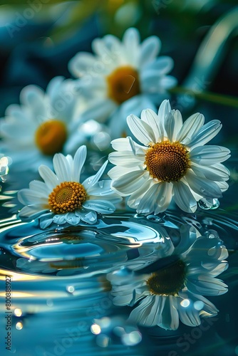 Chamomile flowers on the surface of water in drops  Generative AI 