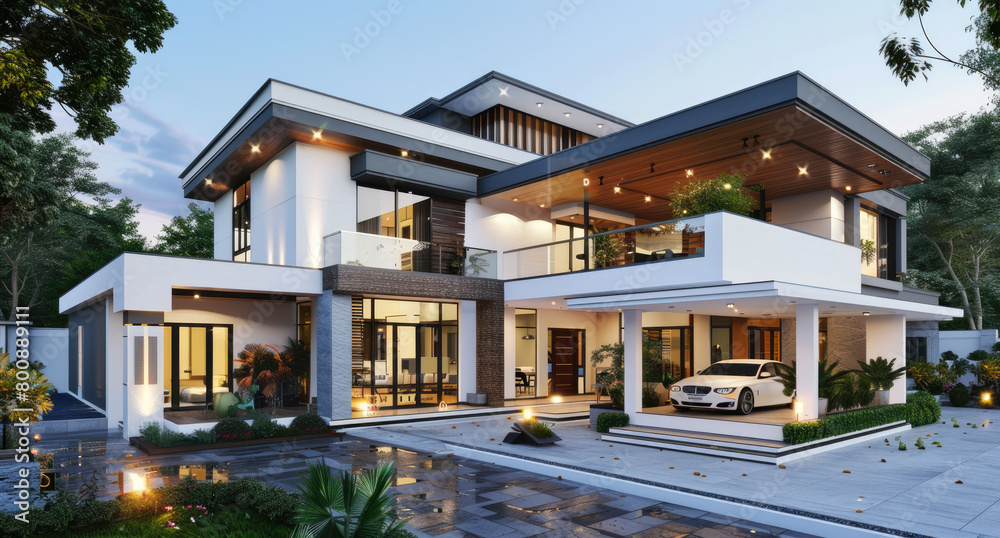 Modern house design in Kerala with white walls and brown windows, front view, two story, large grassy yard with lights, one car parked near the entrance of the building
