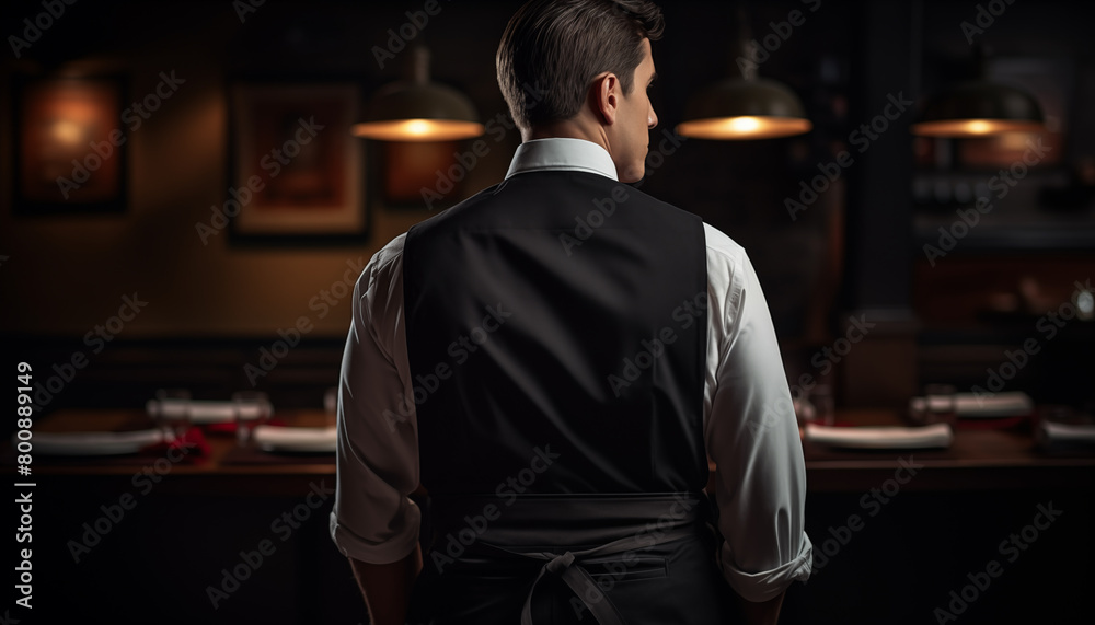Elegant waiter wearing a white shirt and black vest stands with his back to the camera in a dimly lit restaurant with a blurred background of tables and chairs