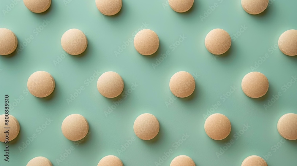 Close up of pattern of round pills on green background Close up of pattern of round pills on green background