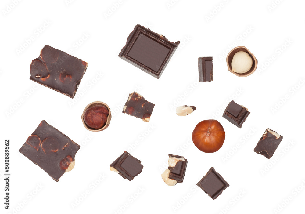 Pieces of chocolate isolated on a white background . Top view. Flat lay Pieces of chocolate isolated on a white background . Top view. Flat lay