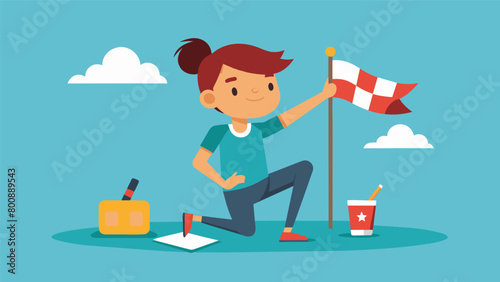 A student takes a break from their busy flagmaking to pose with their work in progress proudly displaying their hard work and creativity.. Vector illustration