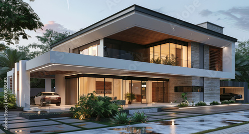 Modern house design in Kerala with white walls and brown windows, front view, two story, large grassy yard with lights, one car parked near the entrance of the building © Kien