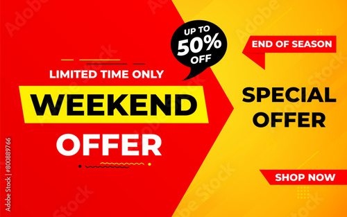 Weekend offer Sale banner vector design template. Weekend offer discount banner, Discount Sale label and promotion offer.