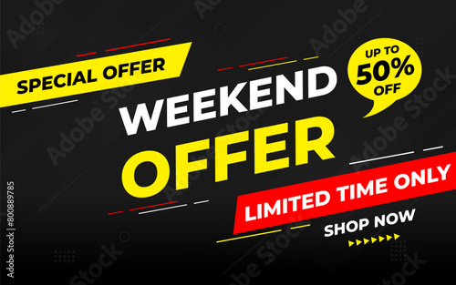 Weekend offer Sale banner vector design template. Weekend offer discount banner, Discount Sale label and promotion offer.