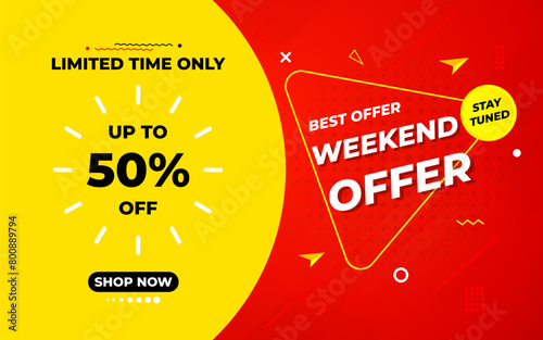 Weekend offer Sale banner vector design template. Weekend offer discount banner, Discount Sale label and promotion offer.