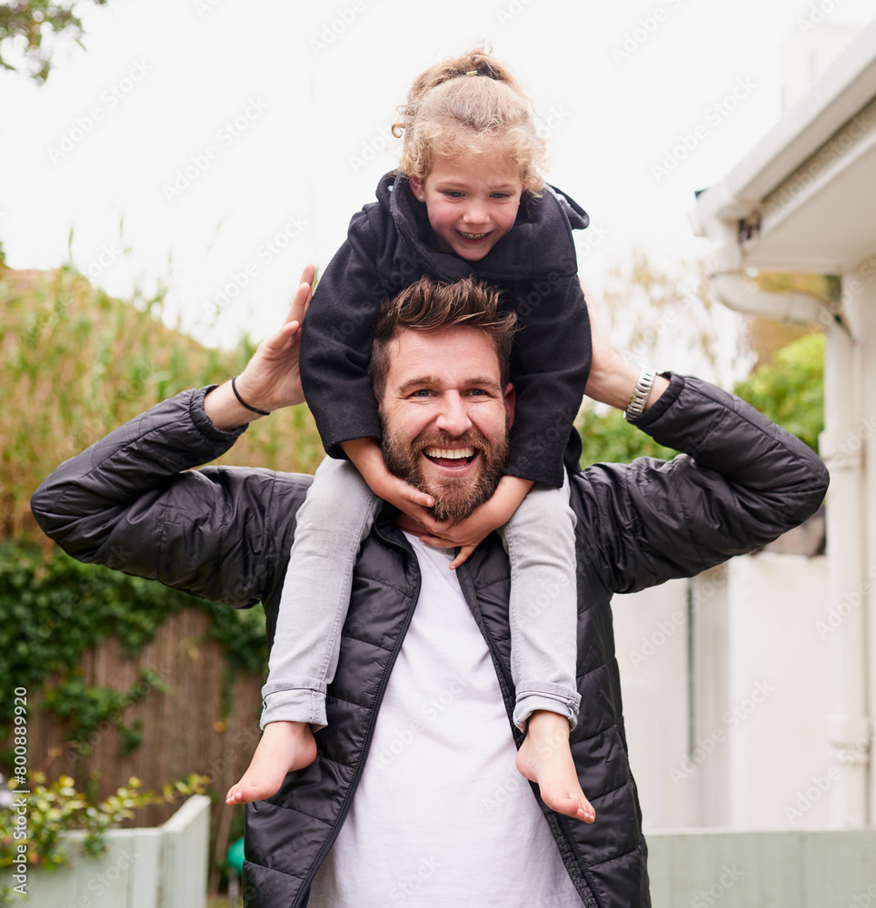 Family, love and daughter on shoulders of dad outdoor in garden for bonding together or fun. Children, smile or trust with man and girl kid playing in backyard of home for development or support Family, love and daughter on shoulders of dad outdoor in garden for bonding together or fun. Children, smile or trust with man and girl kid playing in backyard of home for development or support