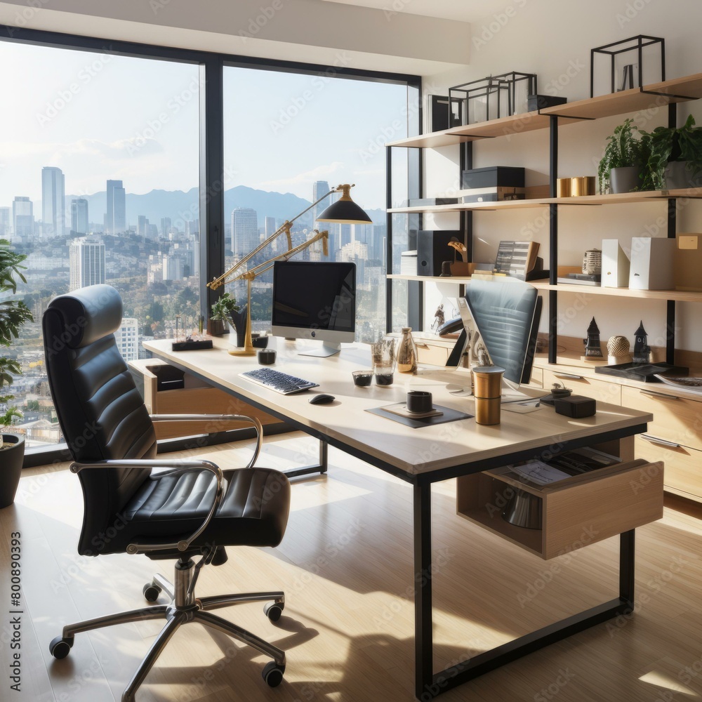 A modern office with a large desk, a comfortable chair, and a beautiful view of the city A modern office with a large desk, a comfortable chair, and a beautiful view of the city