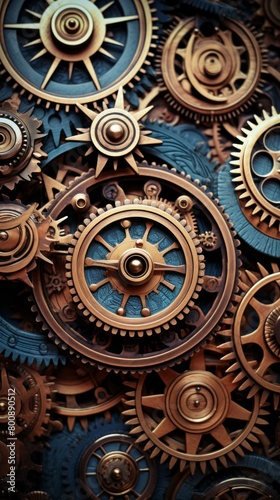 An illustration of a complex steampunk machine with gears, cogs, and other mechanical elements.