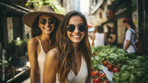 Two young women at a market smiling © Adobe Contributor