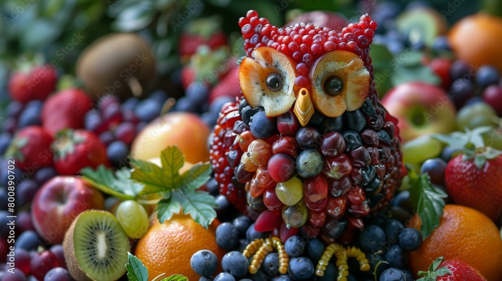 A Cute Owl Made of Fruits and Berries