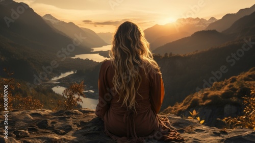 Woman Overlooking Mountain Lake at Sunset