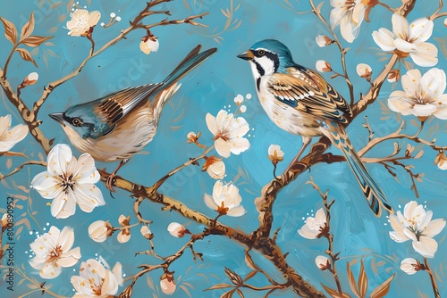 Blue and Beige Birds on Tree- Autumn Sparrows Vertical Oil Painting Print