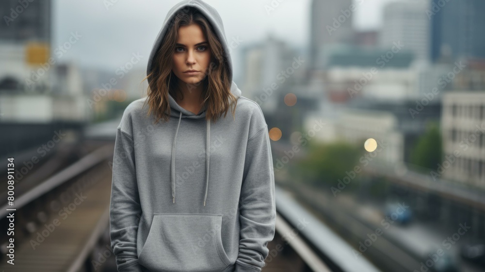 Portrait of a young woman in a gray hoodie standing on a railroad track Portrait of a young woman in a gray hoodie standing on a railroad track