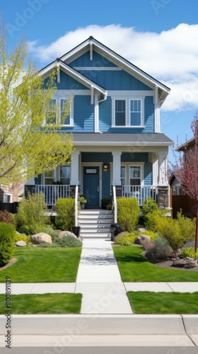 Blue Craftsman-Style House with White Trim and Porch