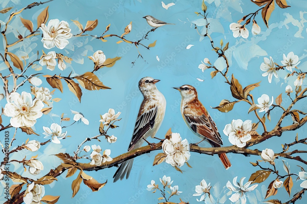Printable Vertical Oil Painting: Two Birds on Tree, Floral Scene with Blue Background Printable Vertical Oil Painting: Two Birds on Tree, Floral Scene with Blue Background