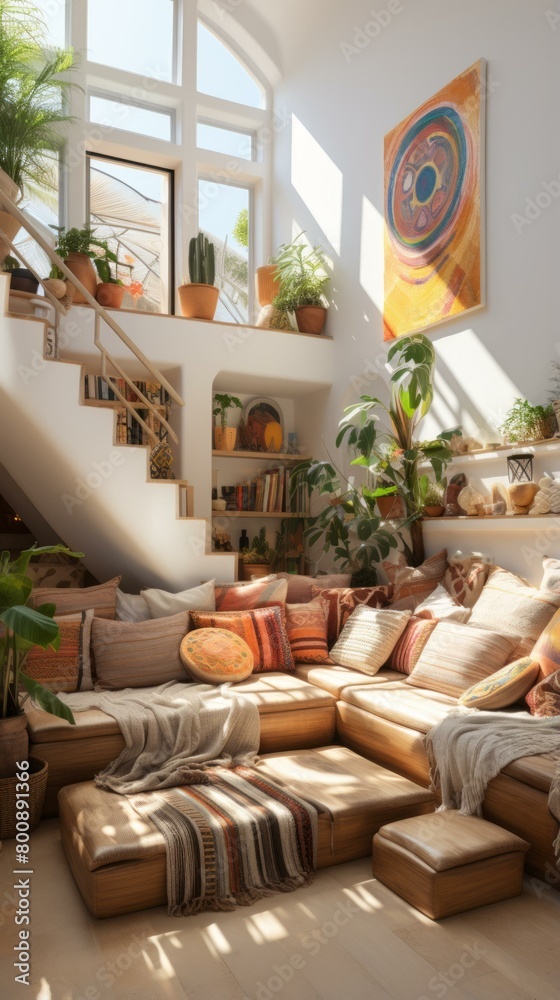 A cozy living room with a large sectional sofa, lots of pillows, plants, and a large painting on the wall