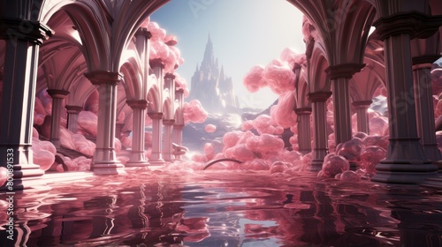 Pink surreal landscape with pink water and pink bubble clouds