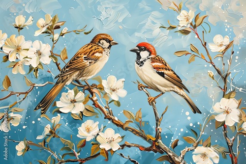 Printable Vertical Oil Painting: Autumn Birds on Tree Branch Artwork with Sparrows - Blue Background White Flowers Landscape Decor