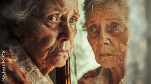 Mirror Gazing: Before the mirror, the old woman confronts the scars of mental health trauma.