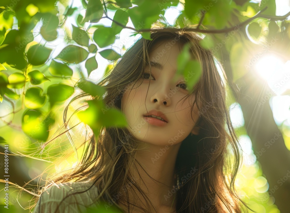 A beautiful Asian woman standing in a forest A beautiful Asian woman standing in a forest