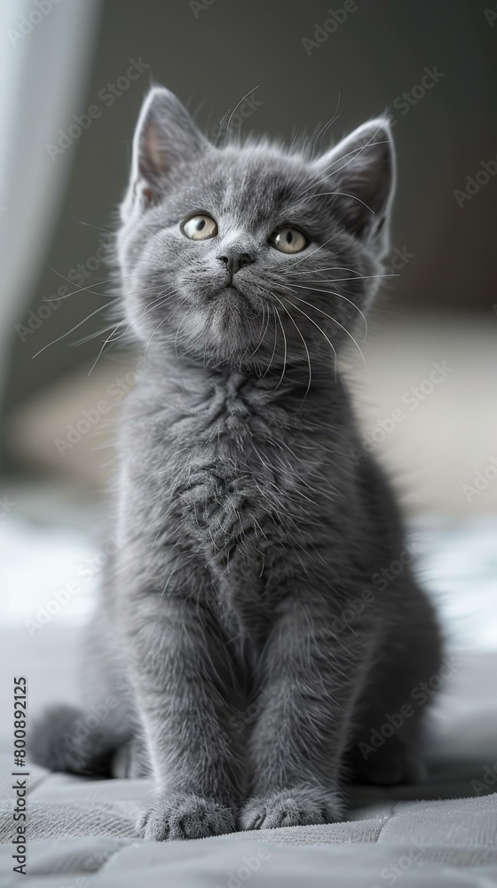 A cute gray kitten is sitting on a bed and looking up A cute gray kitten is sitting on a bed and looking up