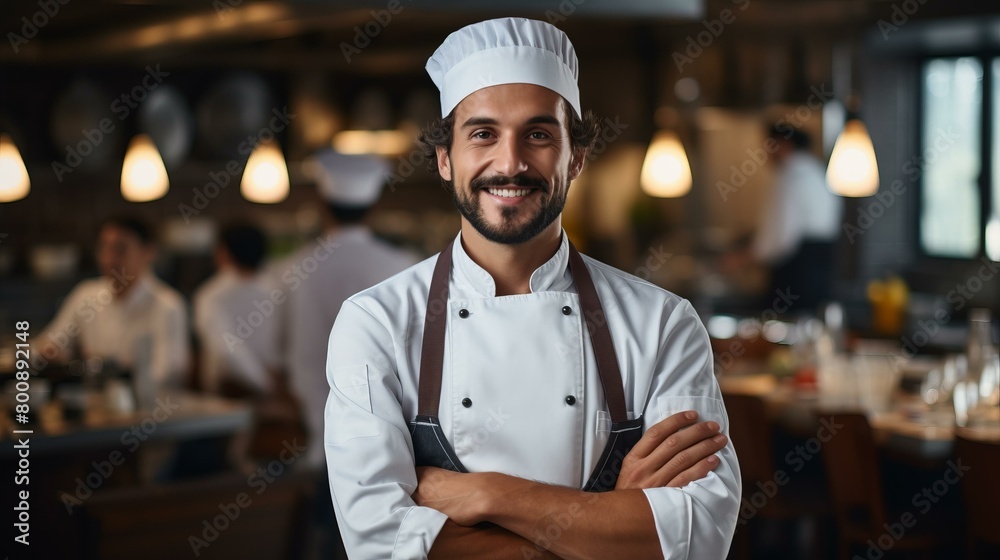 Obraz premium Portrait of a Smiling Chef in a Commercial Kitchen
