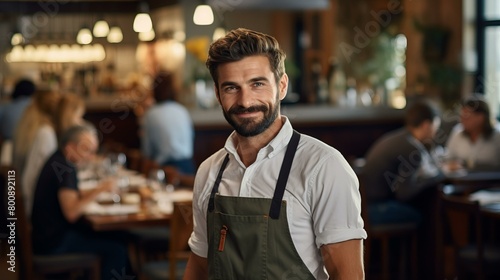 Smiling waiter in apron standing in restaurant
