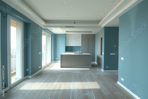 An illustration of an empty room with blue walls and a gray floor