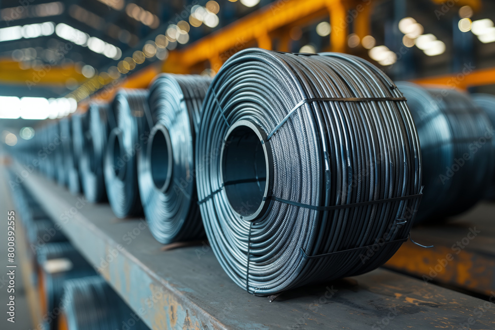 spools of metal wire in an industrial metal processing factory spools of metal wire in an industrial metal processing factory