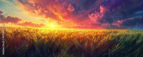 The warm glow of the sunset highlights the beauty and golden hue of the endless wheat field.