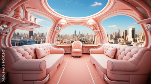 Pink futuristic city pod with a view of the city