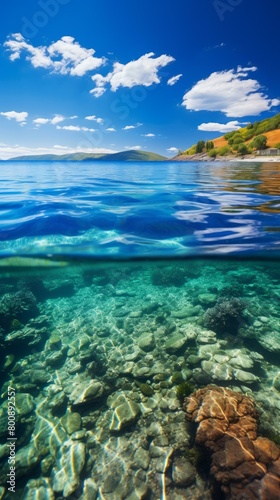 Half underwater photography of a lake showing crystal clear water and rocks on the bottom