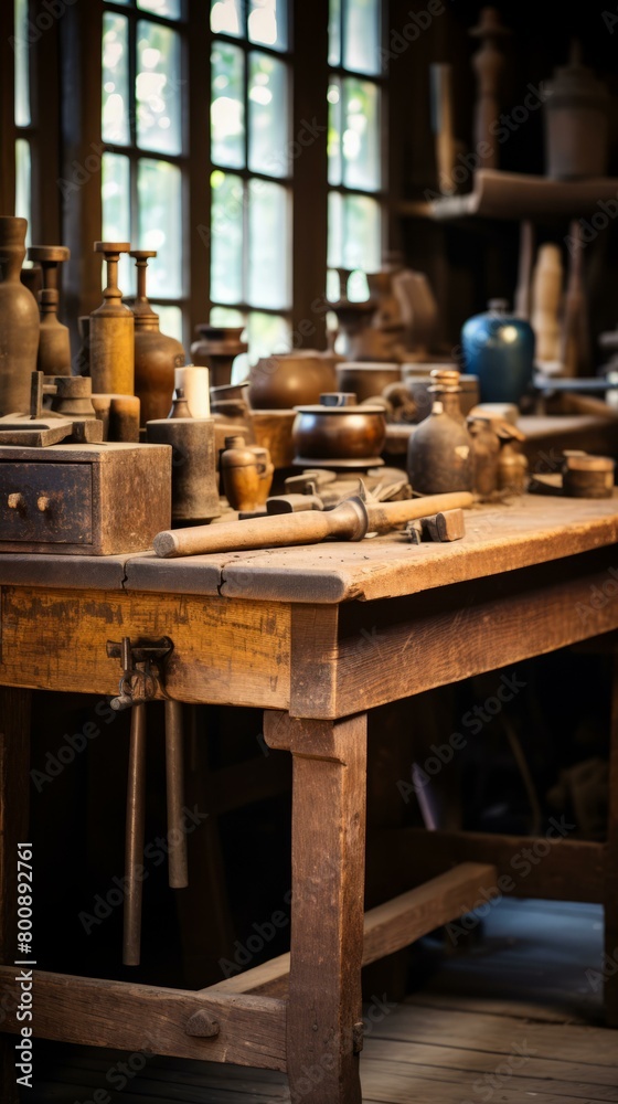 Vintage carpentry workshop with a wooden table, tools and other equipment