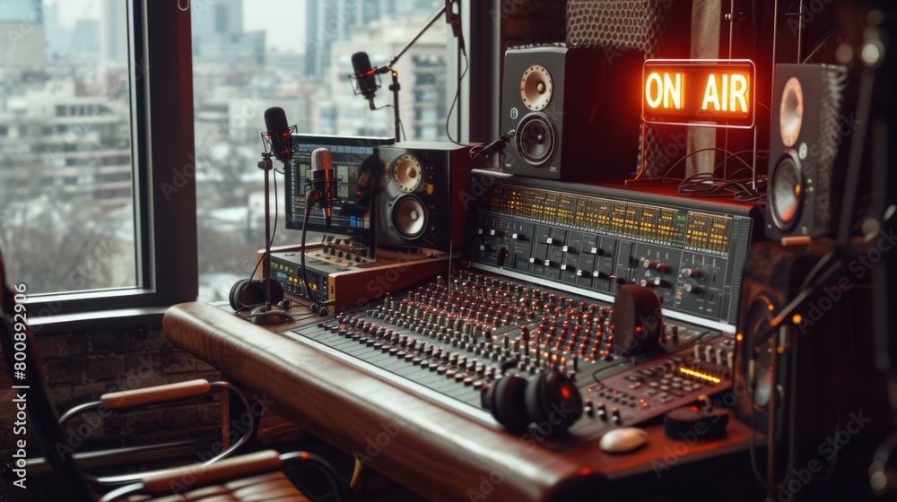 Radio station control room with mixing console and microphones on the table Radio station control room with mixing console and microphones on the table