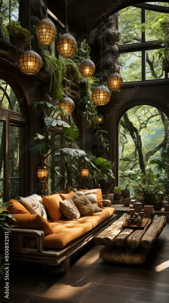 A stunning living room with a lush indoor garden