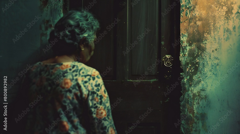 Staring at the locked door, the woman hesitates to confront the memories that lie behind it, knowing that unlocking it means facing her trauma head-on.