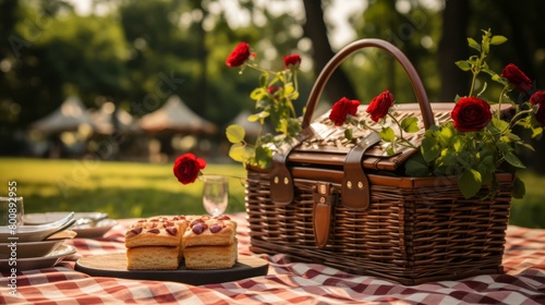 Still life of a picnic with a basket  flowers and food on a red and white checkered tablecloth