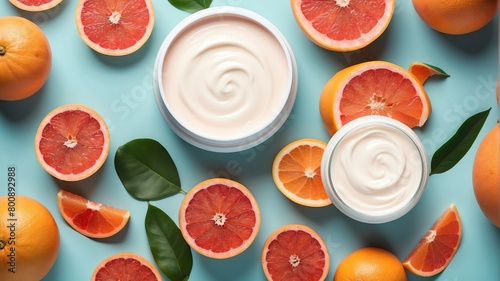 grapefruits background with cream lotion on container jar pot for skincare ad beauty product concept from Generative AI