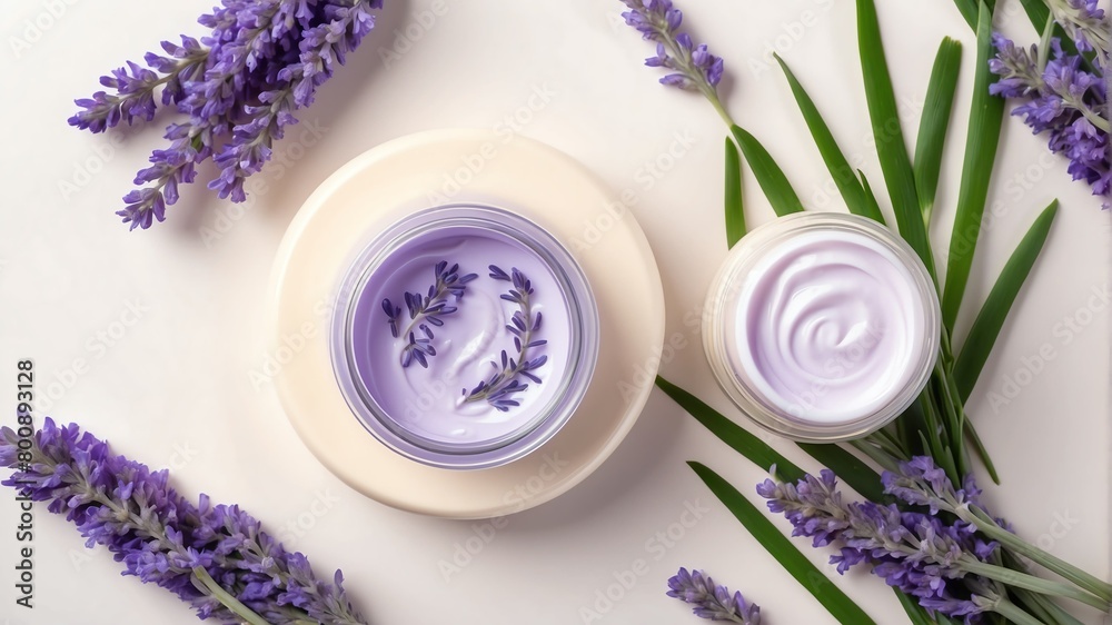 lavender flowers background with cream lotion on container jar pot for skincare ad beauty product concept from Generative AI lavender flowers background with cream lotion on container jar pot for skincare ad beauty product concept from Generative AI