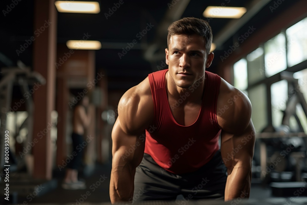 muscular man in red tank top working out in gym muscular man in red tank top working out in gym