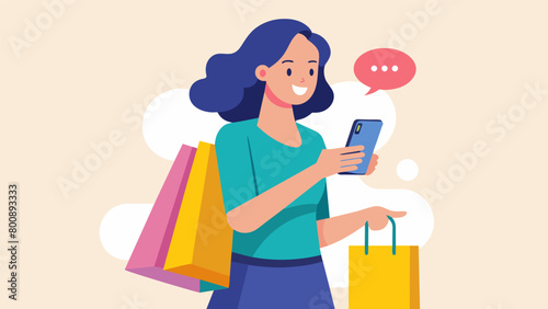 A woman holding a shopping bag and reading reviews on her phone before buying a product to ensure its worth the price.