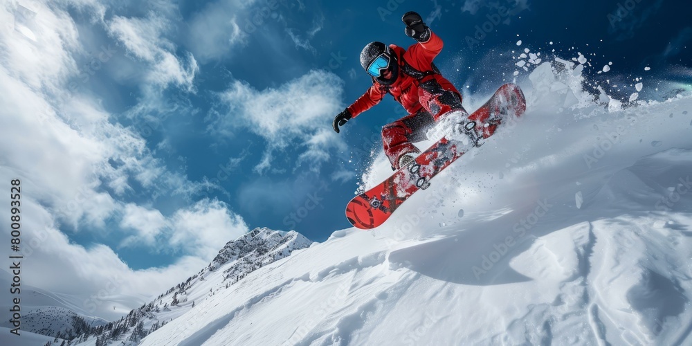 A snowboarder jumps off a snowy mountain