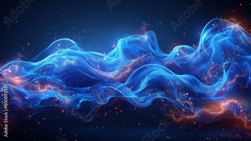 The illustration is composed of abstract glowing flowing wavy lines on a dark blue background. The design of the wave is dynamic and dynamic. The lines are shiny blue moving lines, futuristic